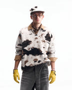 ZHABUXIAO Cow Pattern V Neck Textured Colorblock Knit Sweater Cow Print