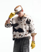 ZHABUXIAO Cow Pattern V Neck Textured Colorblock Knit Sweater Cow Print