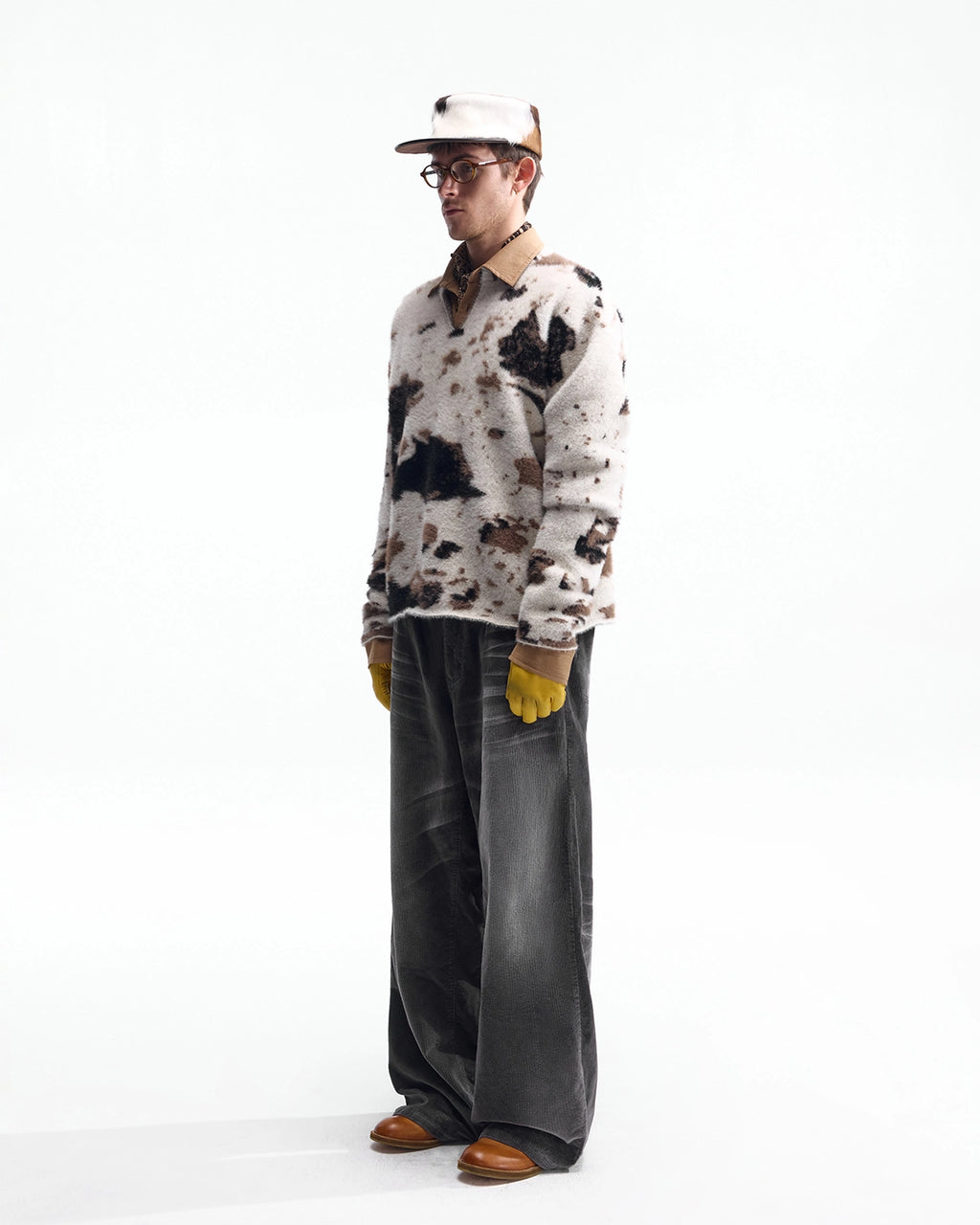 ZHABUXIAO Cow Pattern V Neck Textured Colorblock Knit Sweater Cow Print