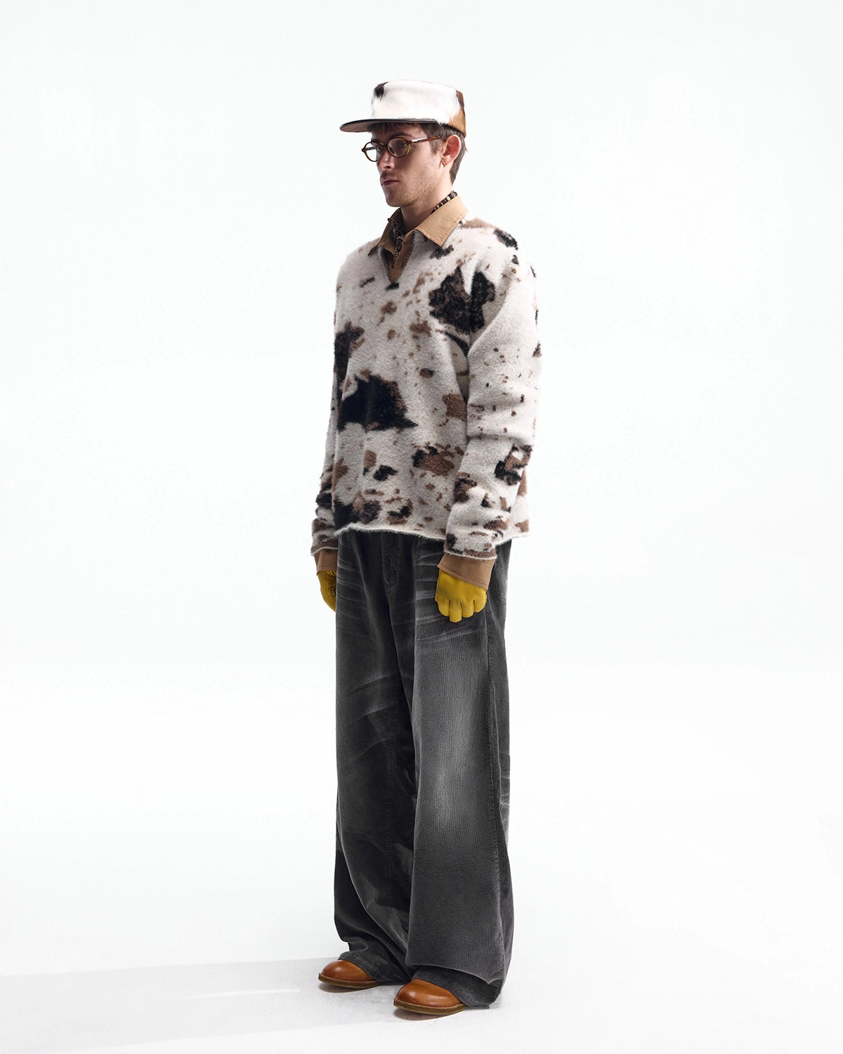 ZHABUXIAO Cow Pattern V Neck Textured Colorblock Knit Sweater Cow Print