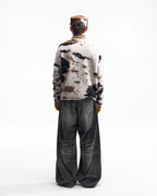 ZHABUXIAO Cow Pattern V Neck Textured Colorblock Knit Sweater Cow Print