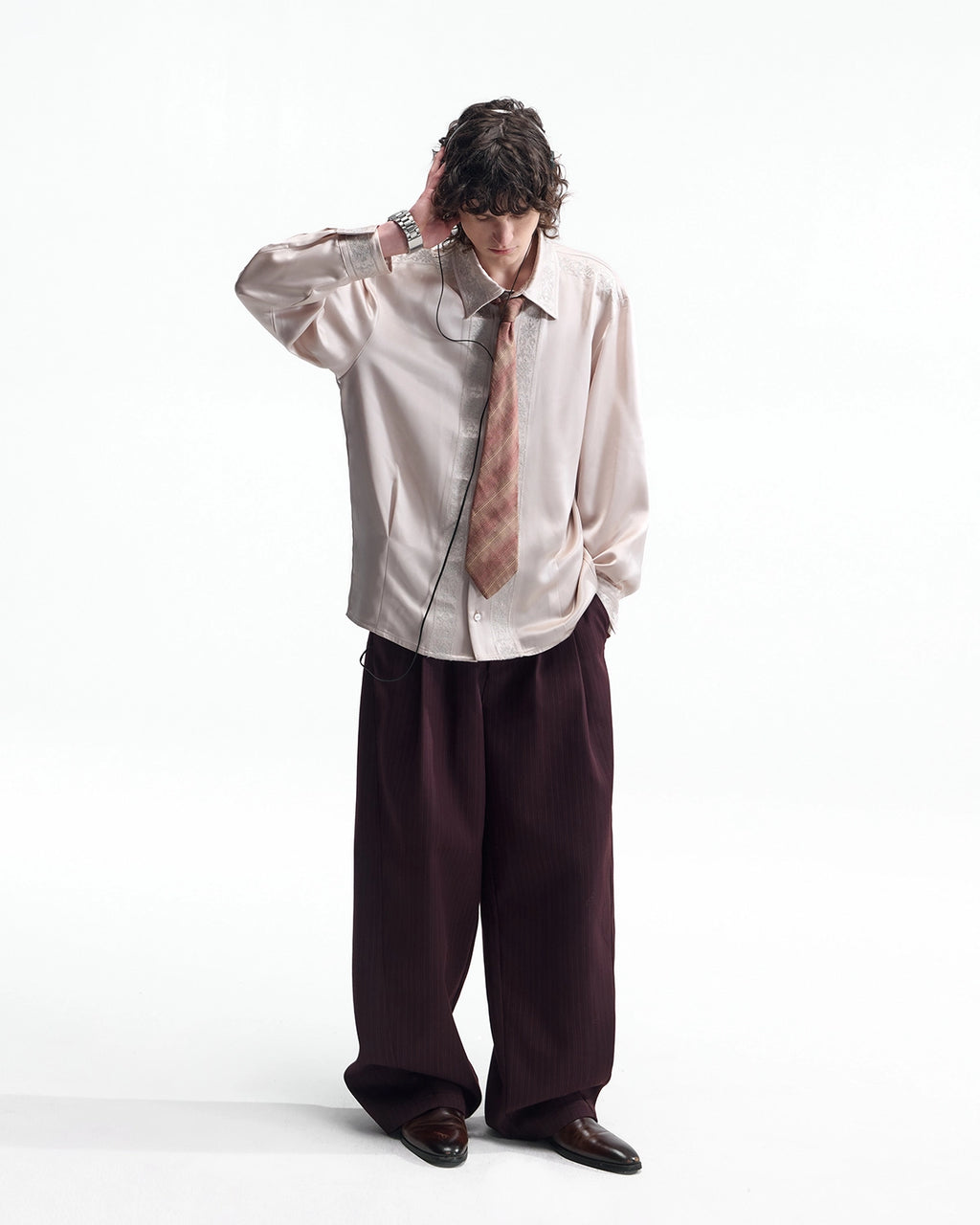 ZHABUXIAO Fine Striped Soft Smooth Straight Leg Trousers Burgundy