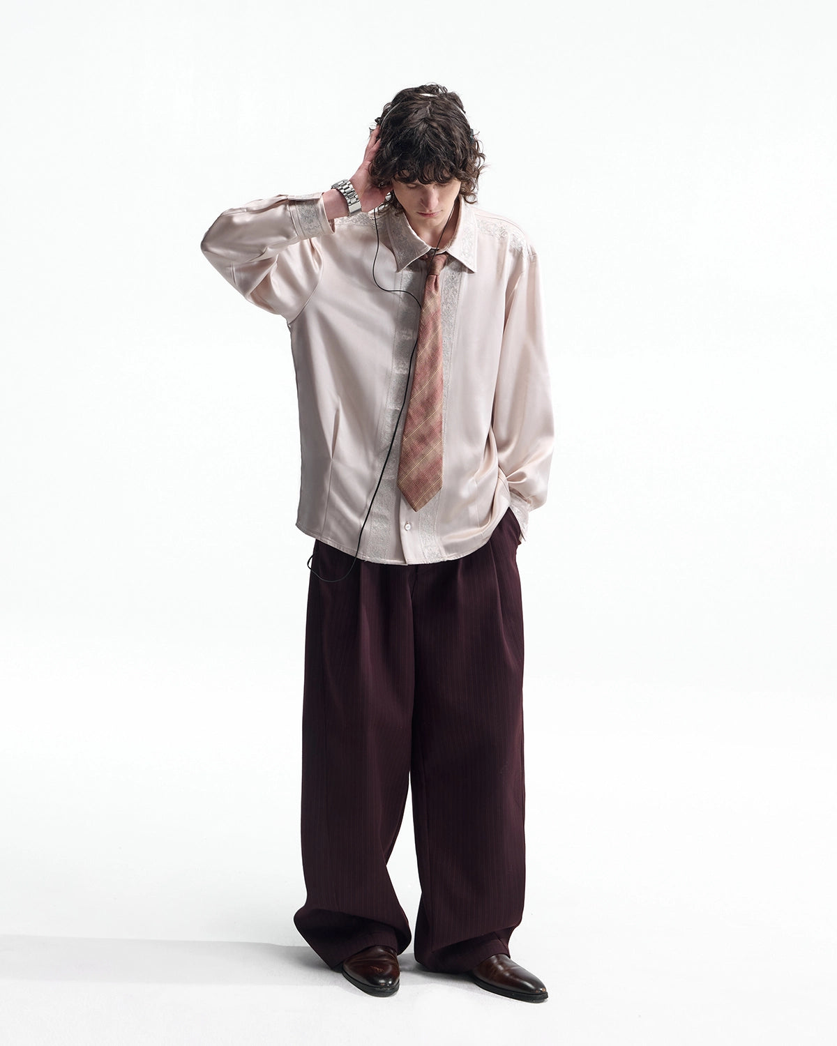 ZHABUXIAO Fine Striped Soft Smooth Straight Leg Trousers Burgundy