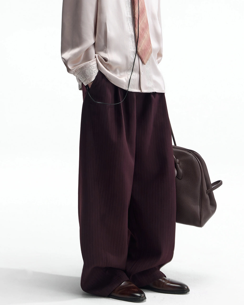 ZHABUXIAO Fine Striped Soft Smooth Straight Leg Trousers Burgundy