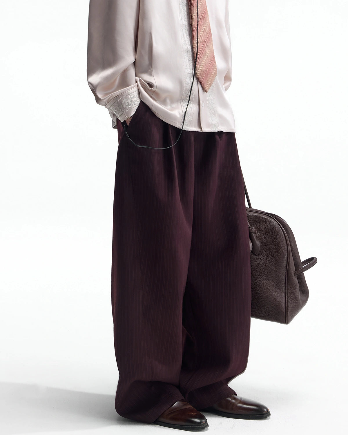 ZHABUXIAO Fine Striped Soft Smooth Straight Leg Trousers Burgundy