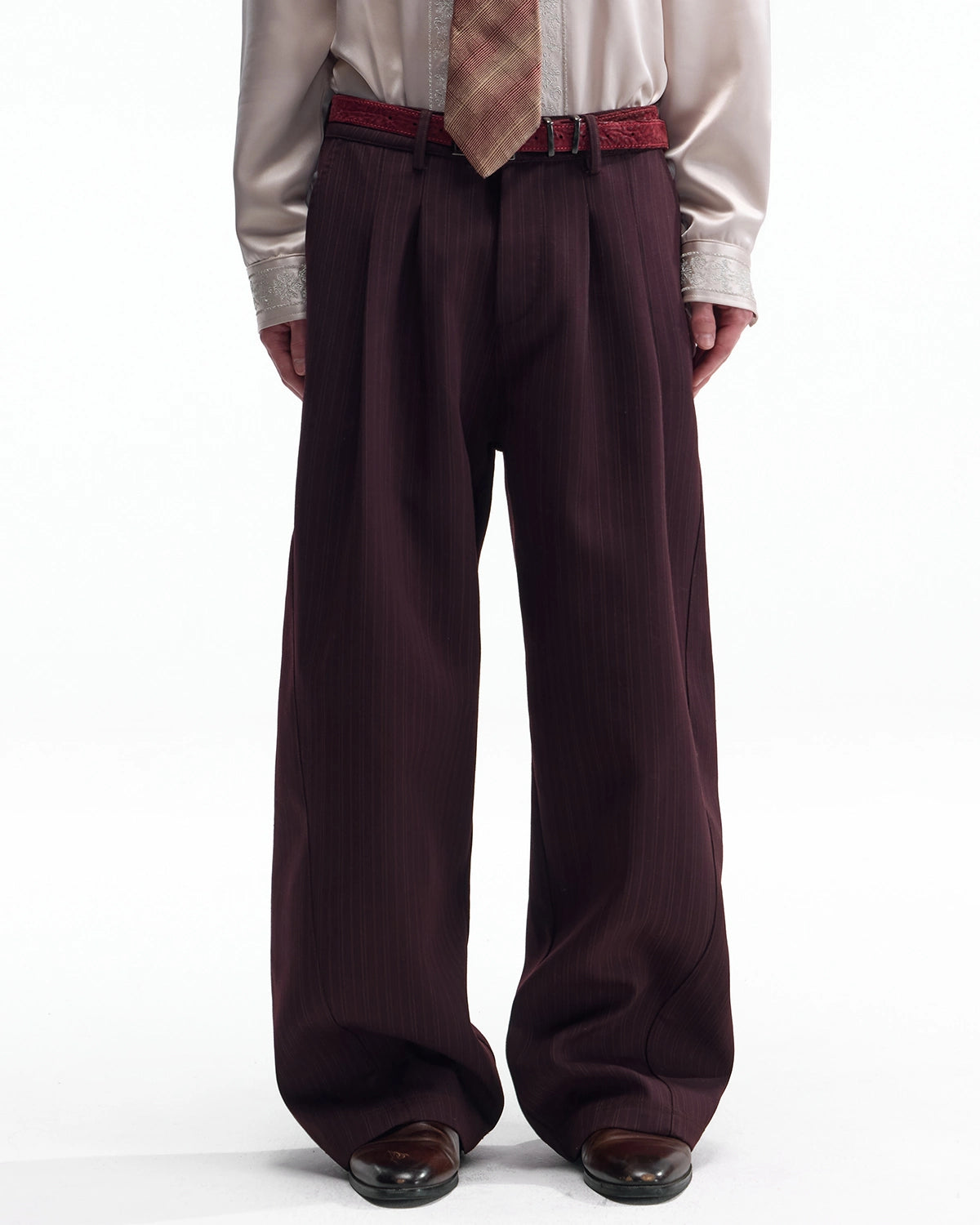 ZHABUXIAO Fine Striped Soft Smooth Straight Leg Trousers Burgundy