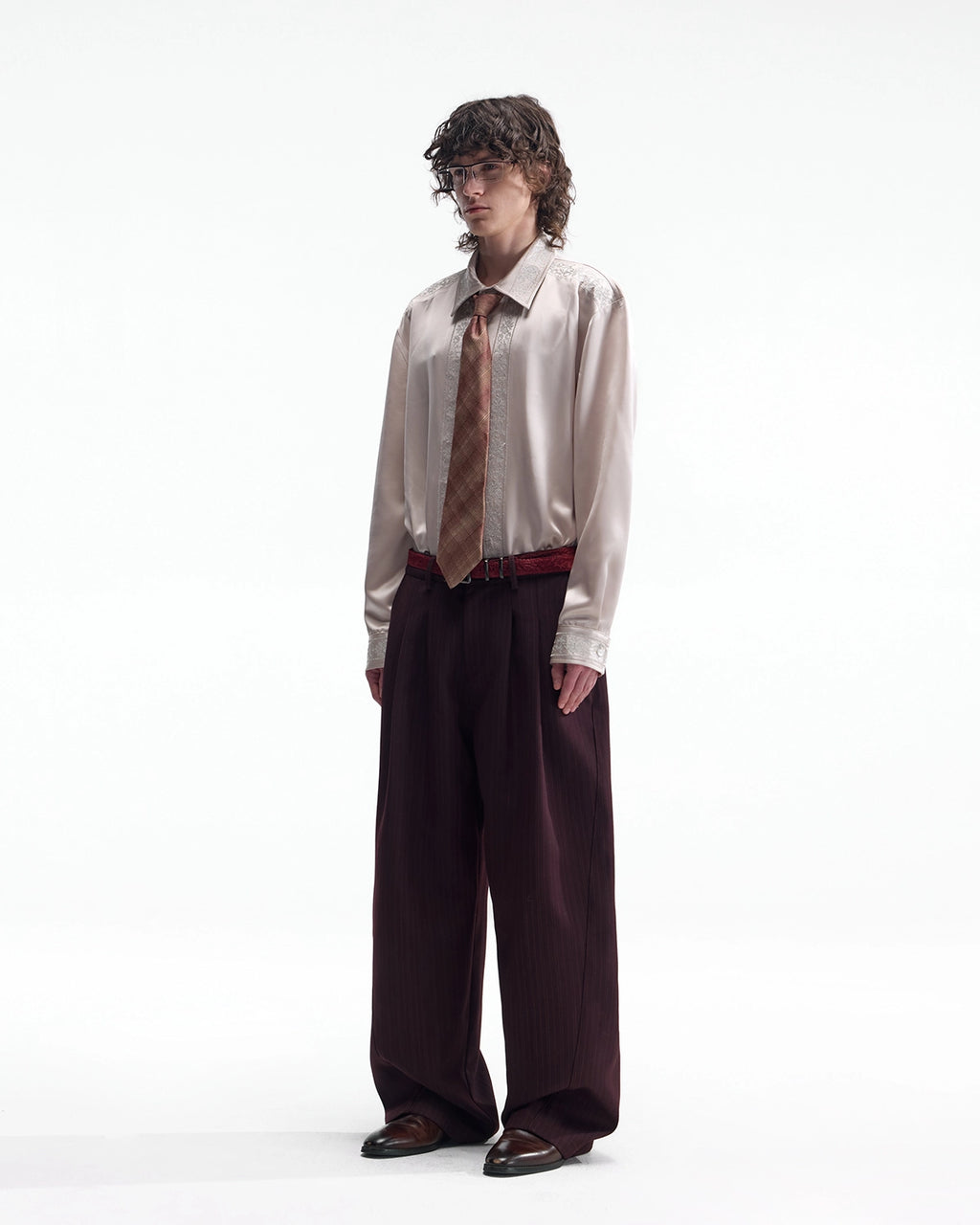 ZHABUXIAO Fine Striped Soft Smooth Straight Leg Trousers Burgundy