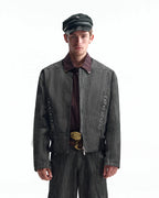 ZHABUXIAO Slub Denim Heavy Studded Baseball Denim Jacket Black