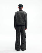 ZHABUXIAO Slub Denim Heavy Studded Baseball Denim Jacket Black