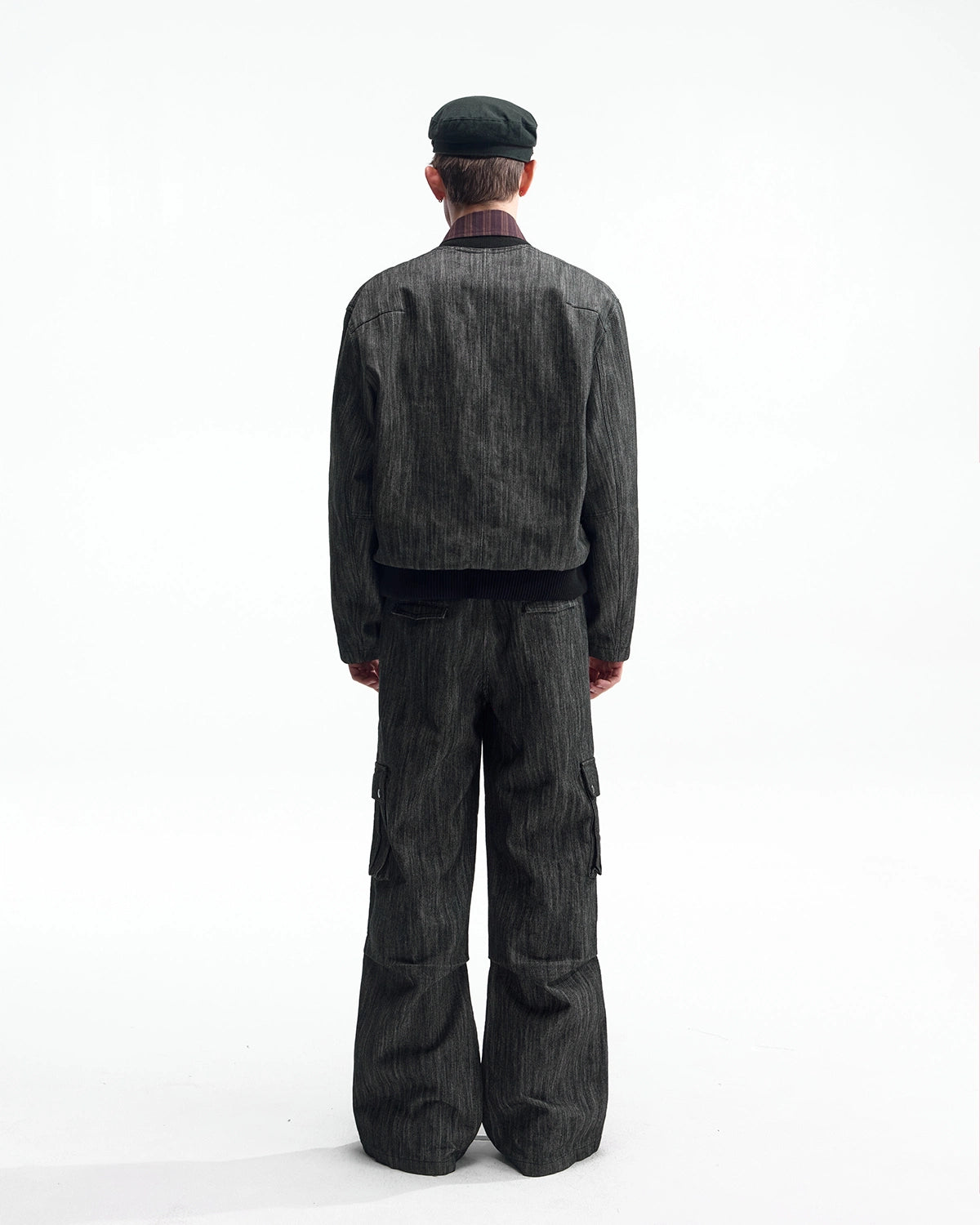 ZHABUXIAO Slub Denim Heavy Studded Baseball Denim Jacket Black