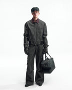 ZHABUXIAO Slub Denim Heavy Studded Baseball Denim Jacket Black