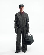 ZHABUXIAO Double Waist Multi Pocket Tough Wide Denim Jeans Black