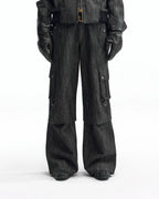 ZHABUXIAO Double Waist Multi Pocket Tough Wide Denim Jeans Black