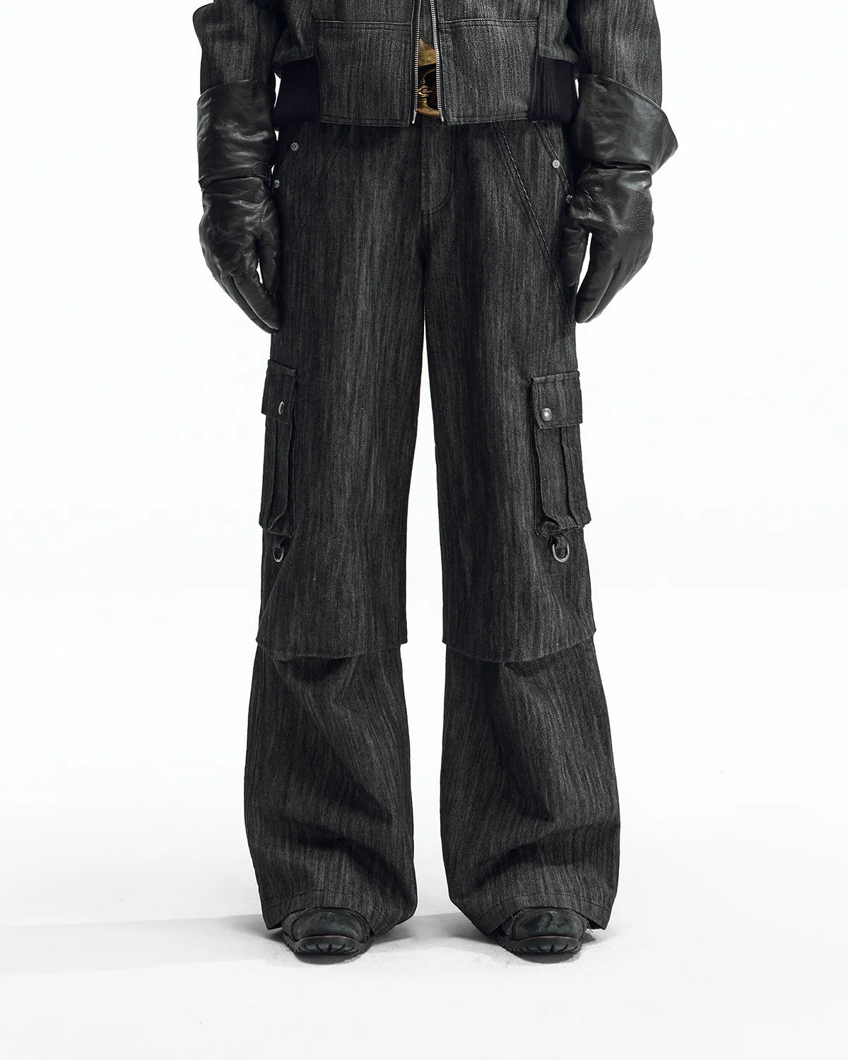 ZHABUXIAO Double Waist Multi Pocket Tough Wide Denim Jeans Black