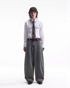 ZHABUXIAO Houndstooth Striped Metal Button Long Sleeve Shirt White