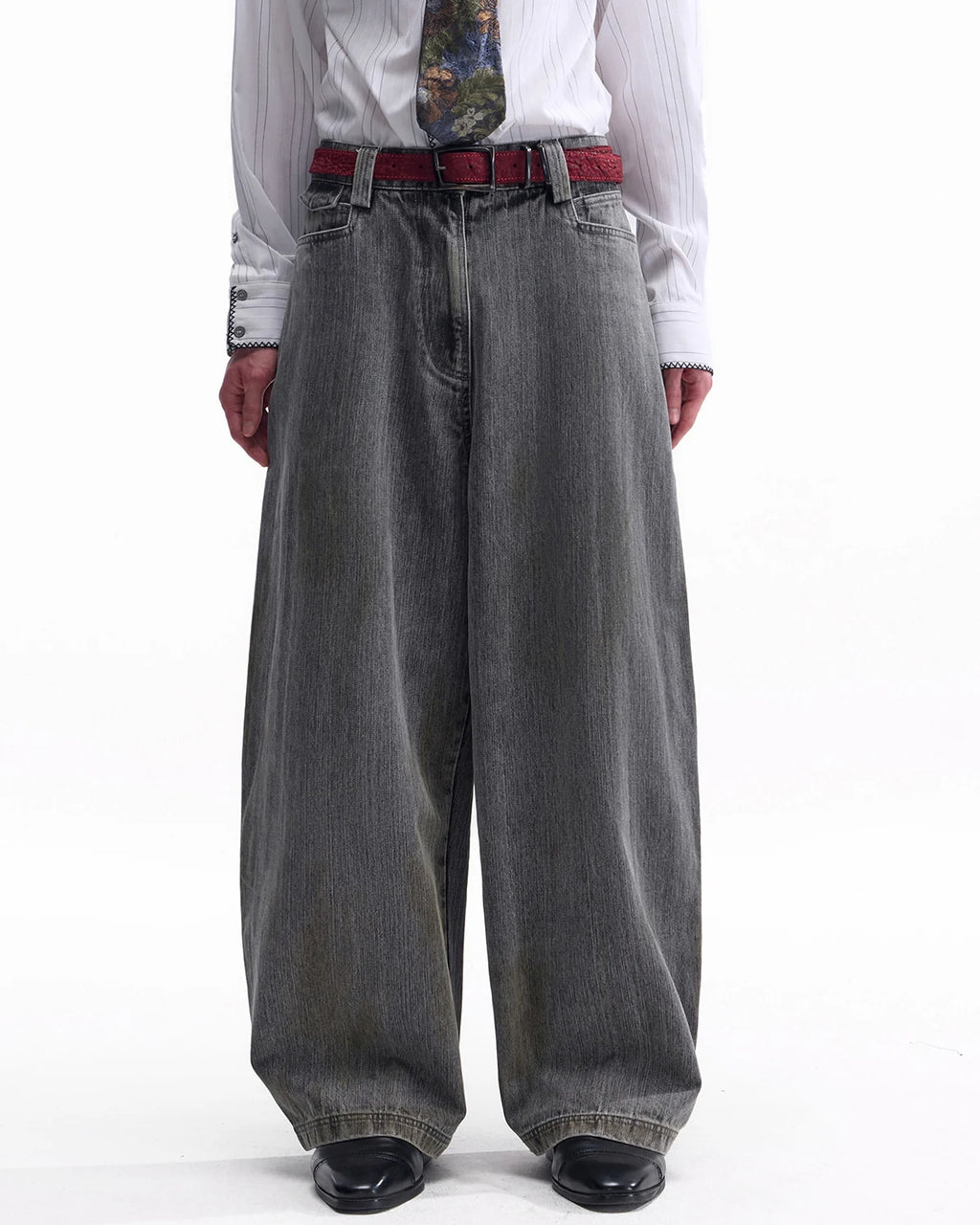 ZHABUXIAO Washed Slub Denim Double Pocket Curved Wide Jeans Gray