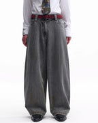 ZHABUXIAO Washed Slub Denim Double Pocket Curved Wide Jeans Gray