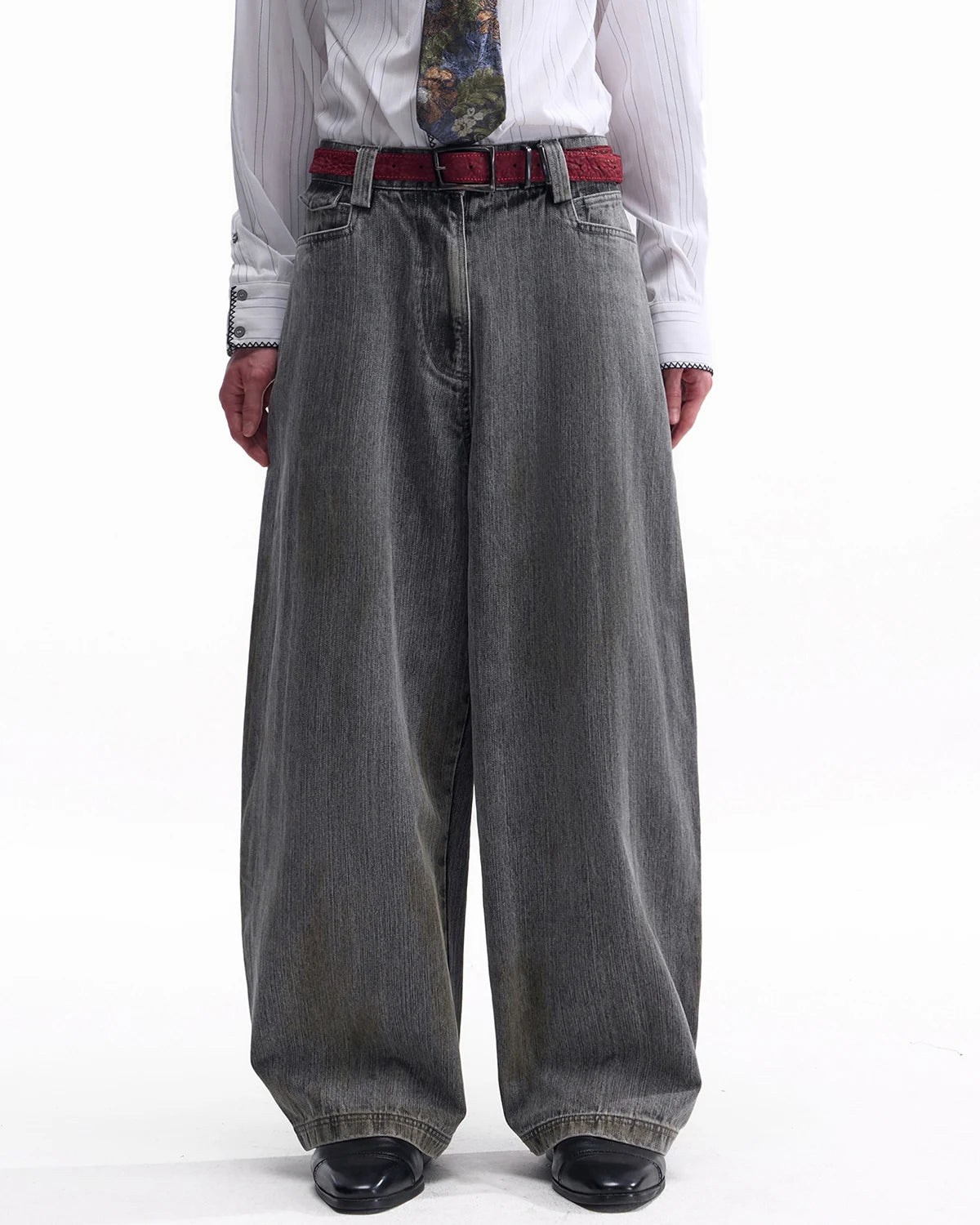 ZHABUXIAO Washed Slub Denim Double Pocket Curved Wide Jeans Gray