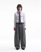 ZHABUXIAO Washed Slub Denim Double Pocket Curved Wide Jeans Gray