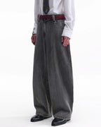 ZHABUXIAO Washed Slub Denim Double Pocket Curved Wide Jeans Gray