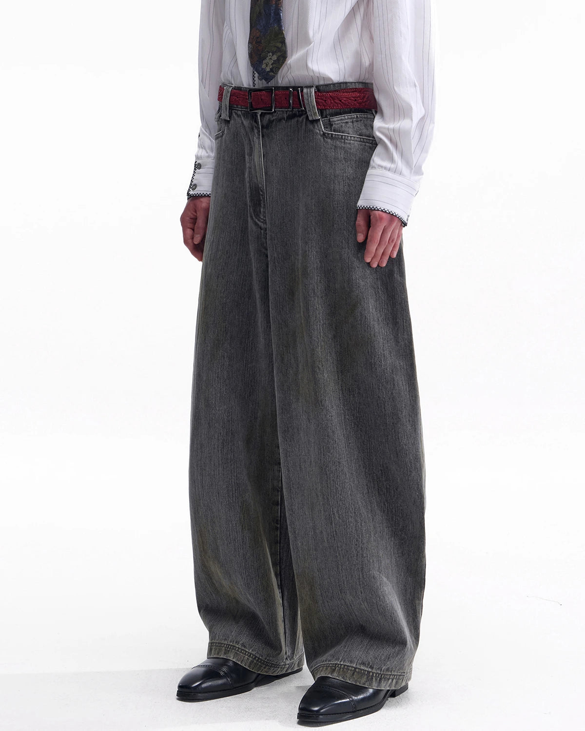 ZHABUXIAO Washed Slub Denim Double Pocket Curved Wide Jeans Gray