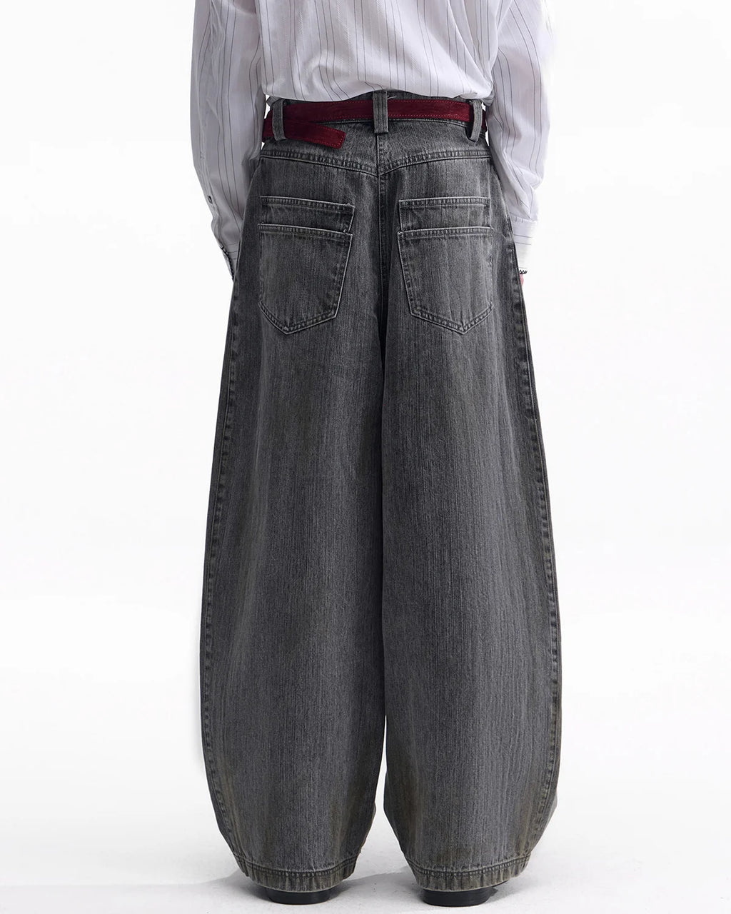 ZHABUXIAO Washed Slub Denim Double Pocket Curved Wide Jeans Gray