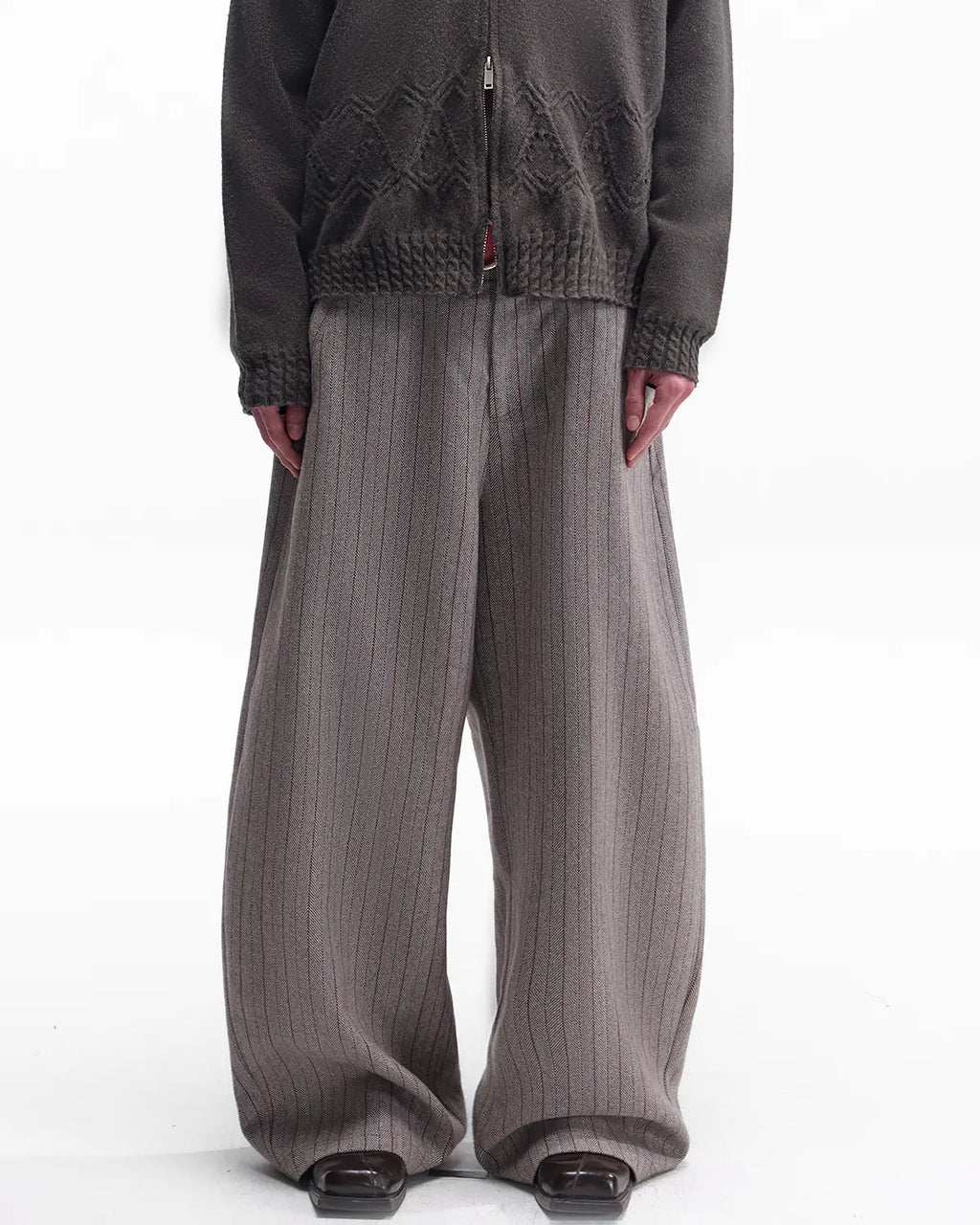 ZHABUXIAO Striped Woolen Satin Lined Curved Wide Trousers Brown