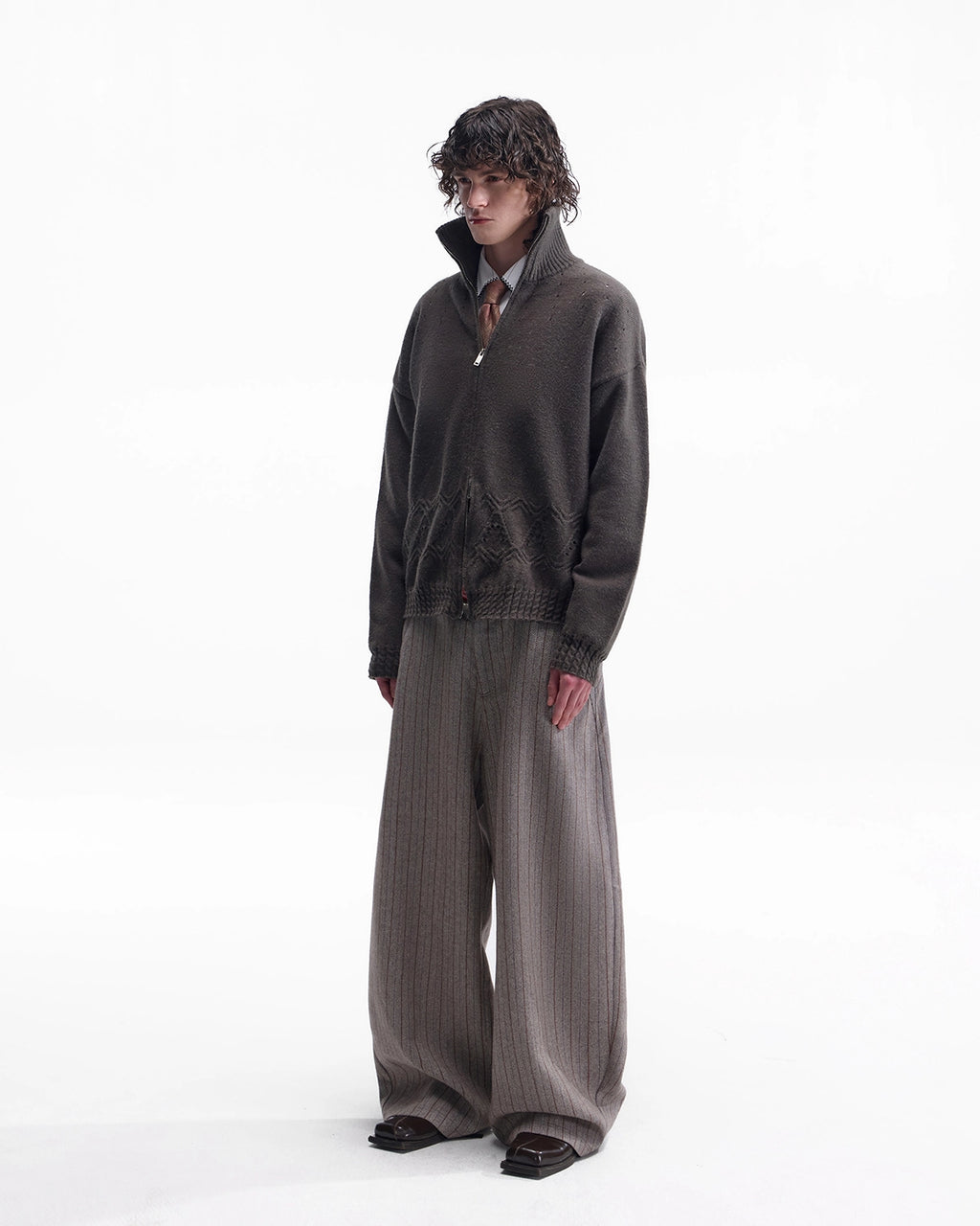 ZHABUXIAO Striped Woolen Satin Lined Curved Wide Trousers Brown