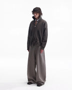 ZHABUXIAO Striped Woolen Satin Lined Curved Wide Trousers Brown