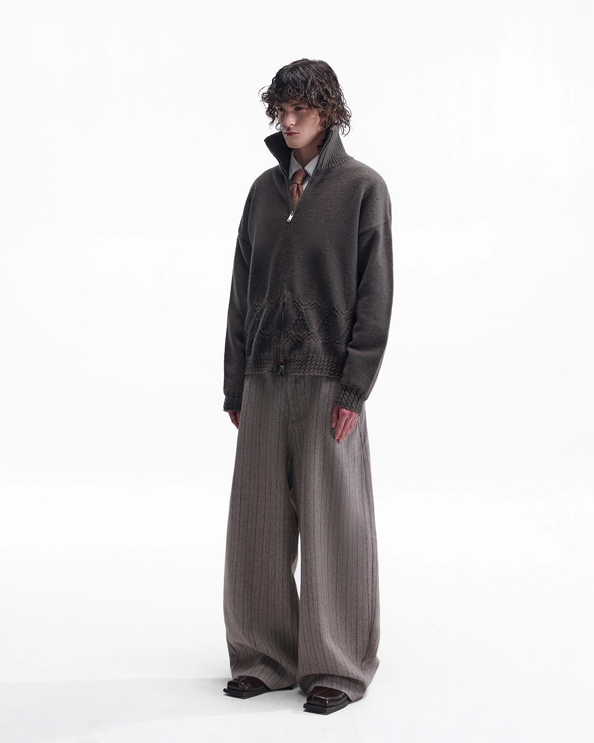 ZHABUXIAO Striped Woolen Satin Lined Curved Wide Trousers Brown