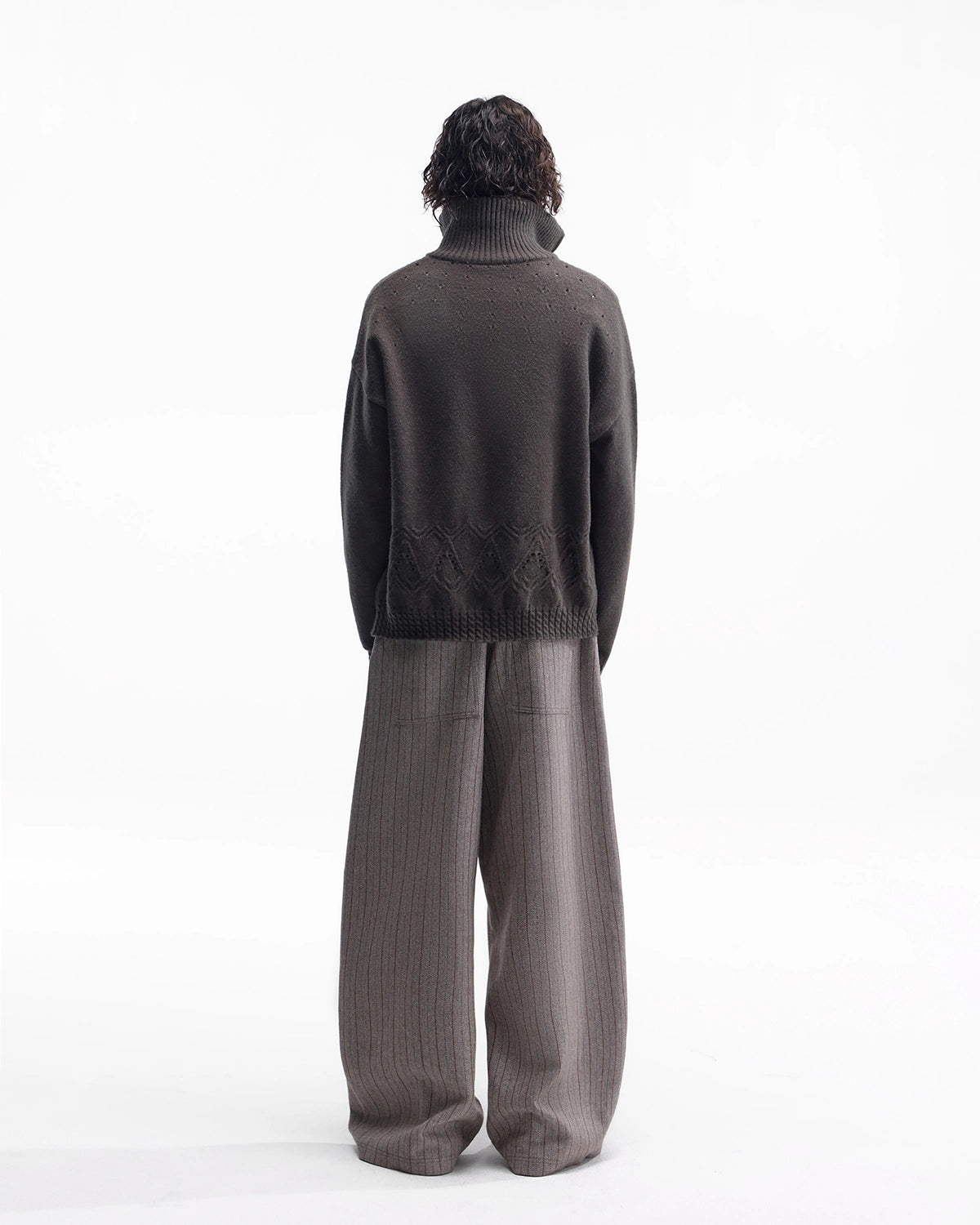 ZHABUXIAO Striped Woolen Satin Lined Curved Wide Trousers Brown