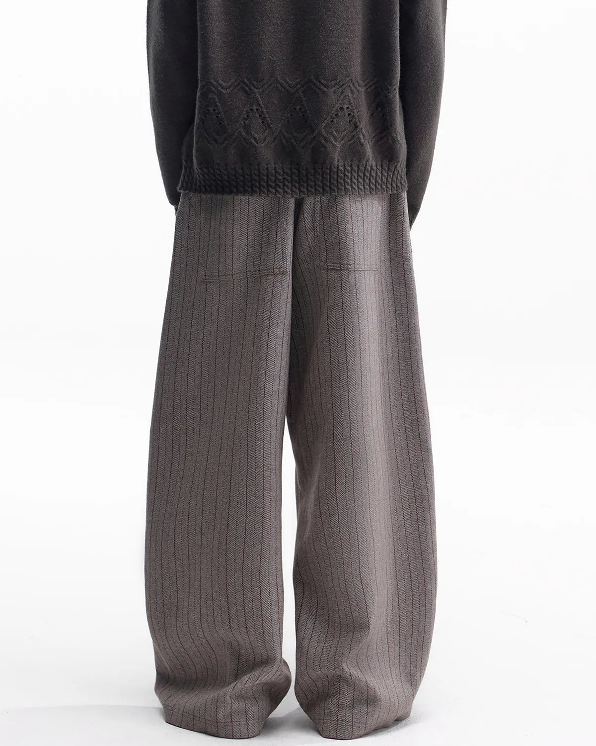 ZHABUXIAO Striped Woolen Satin Lined Curved Wide Trousers Brown