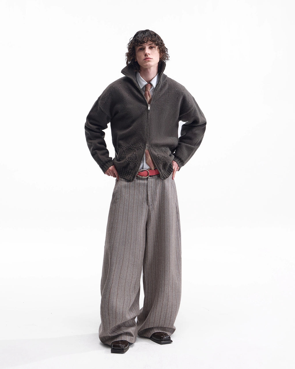 ZHABUXIAO Striped Woolen Satin Lined Curved Wide Trousers Brown