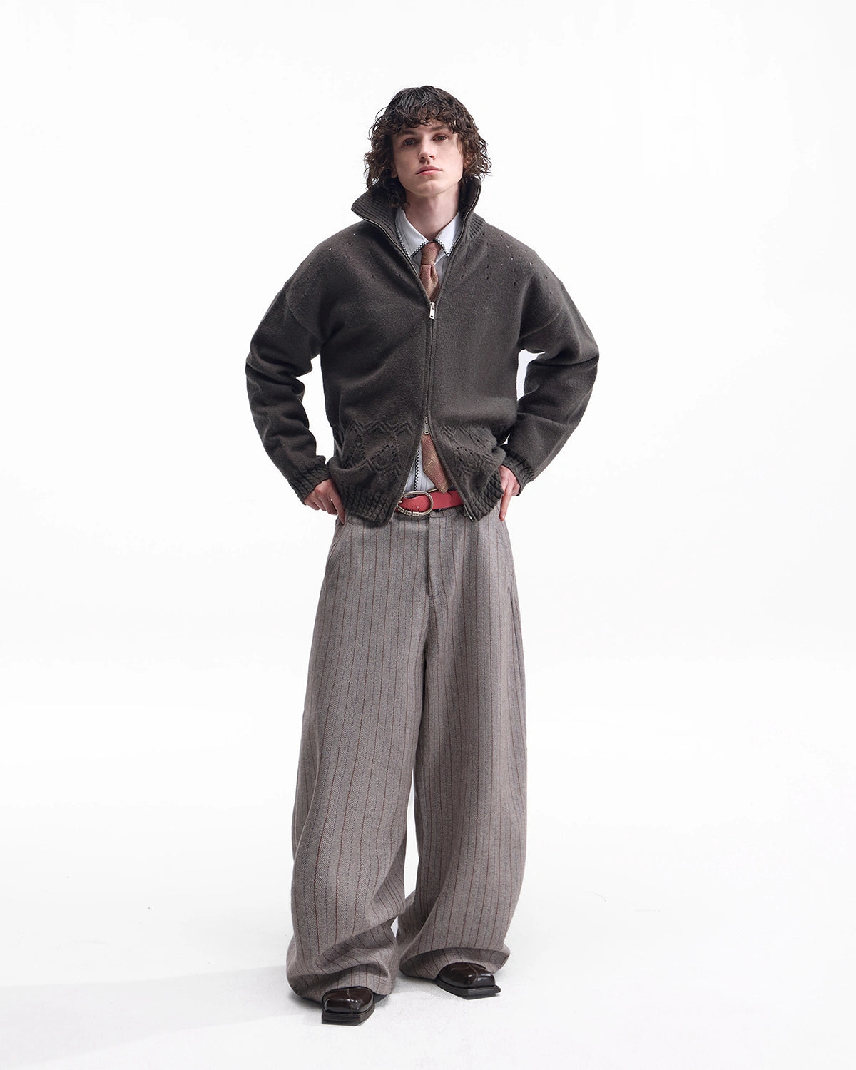 ZHABUXIAO Striped Woolen Satin Lined Curved Wide Trousers Brown