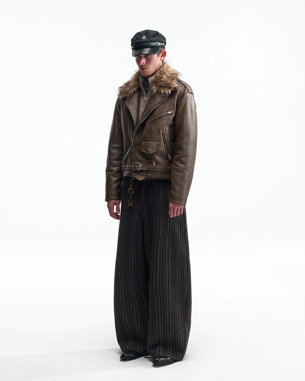ZHABUXIAO Striped Woolen Satin Lined Curved Wide Trousers Green