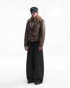 ZHABUXIAO Striped Woolen Satin Lined Curved Wide Trousers Green