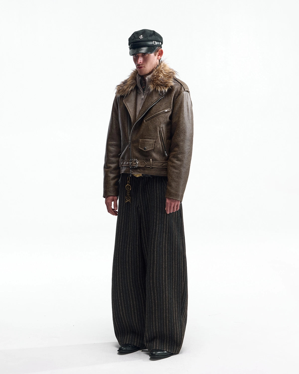 ZHABUXIAO Striped Woolen Satin Lined Curved Wide Trousers Green