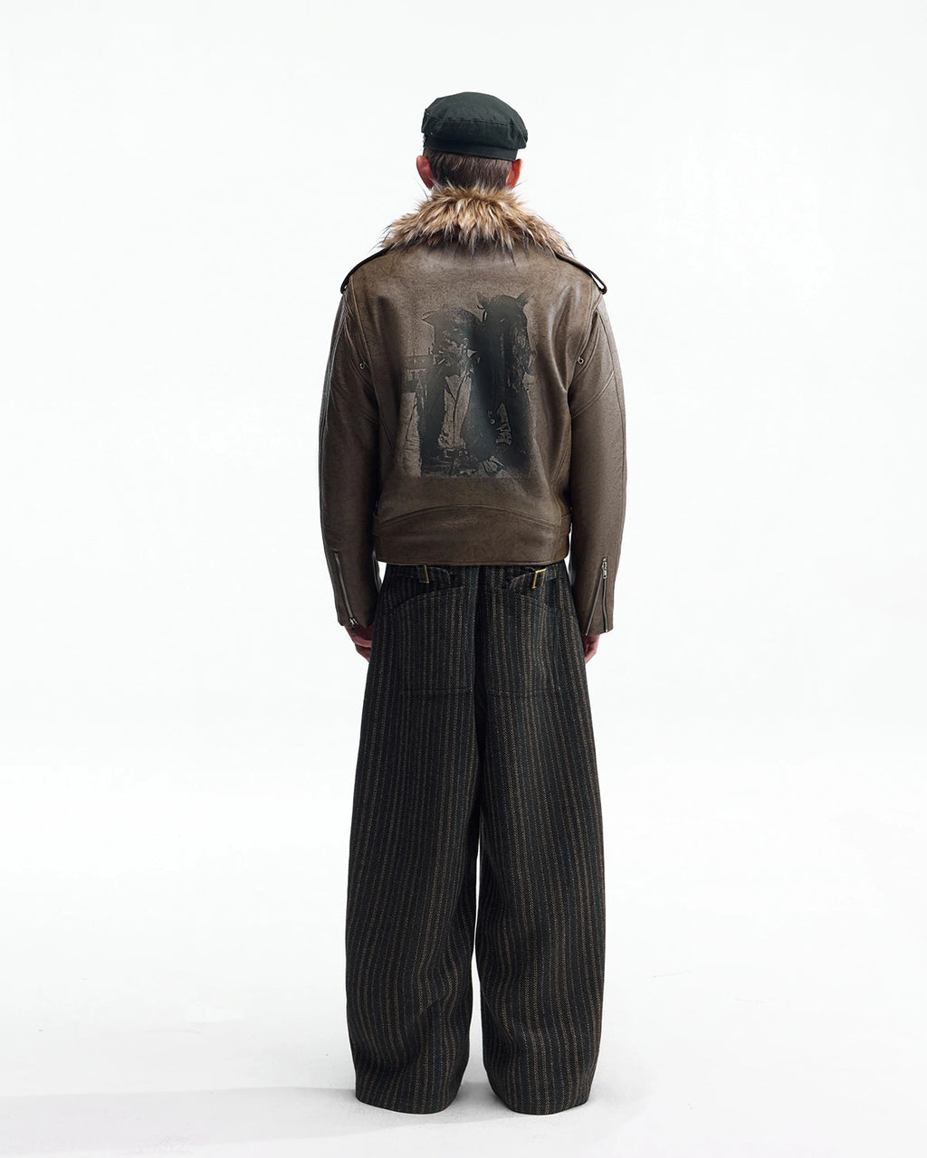 ZHABUXIAO Striped Woolen Satin Lined Curved Wide Trousers Green