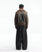 ZHABUXIAO Striped Woolen Satin Lined Curved Wide Trousers Green