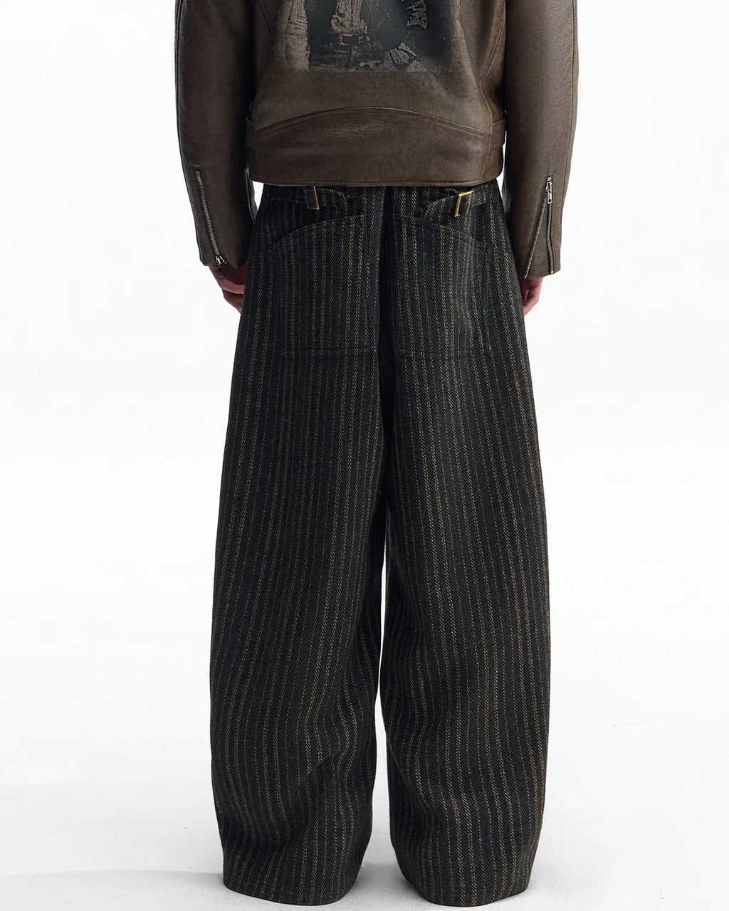 ZHABUXIAO Striped Woolen Satin Lined Curved Wide Trousers Green