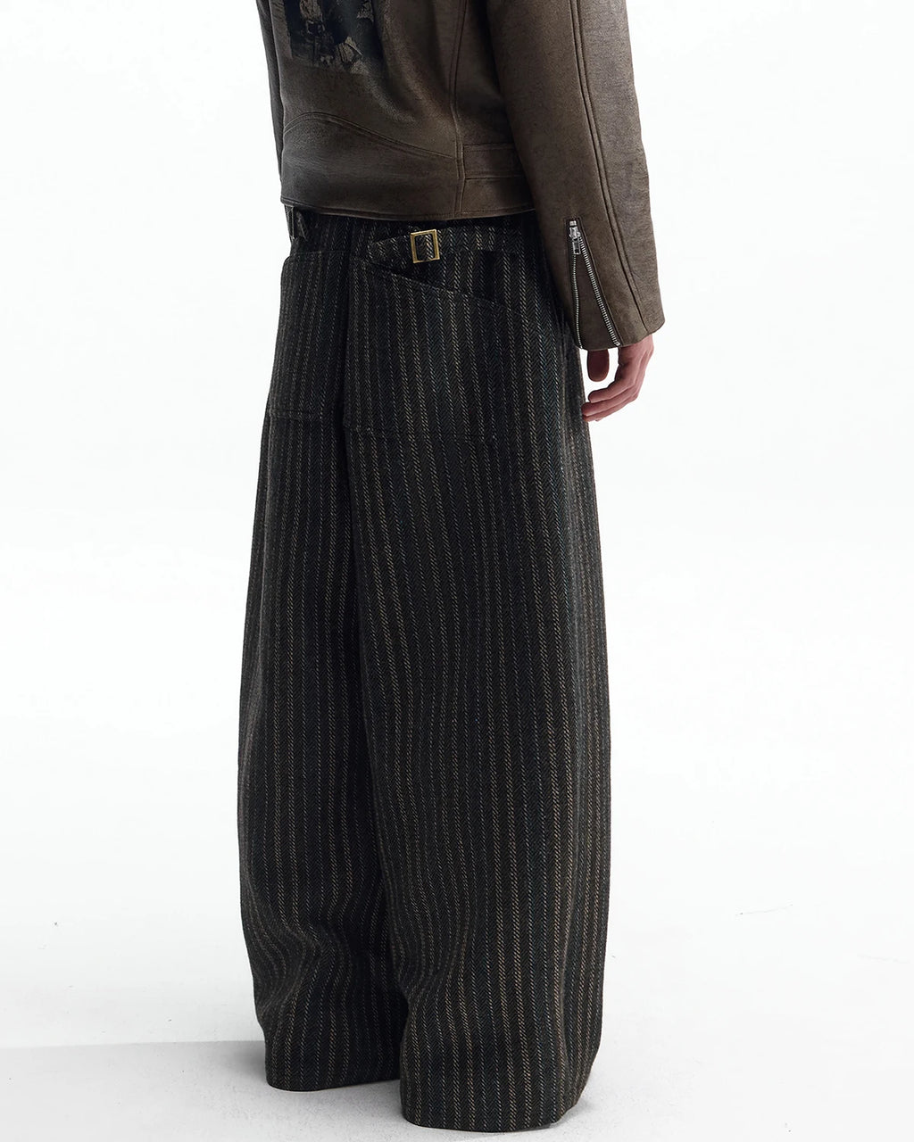 ZHABUXIAO Striped Woolen Satin Lined Curved Wide Trousers Green