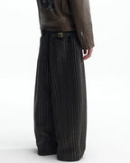 ZHABUXIAO Striped Woolen Satin Lined Curved Wide Trousers Green