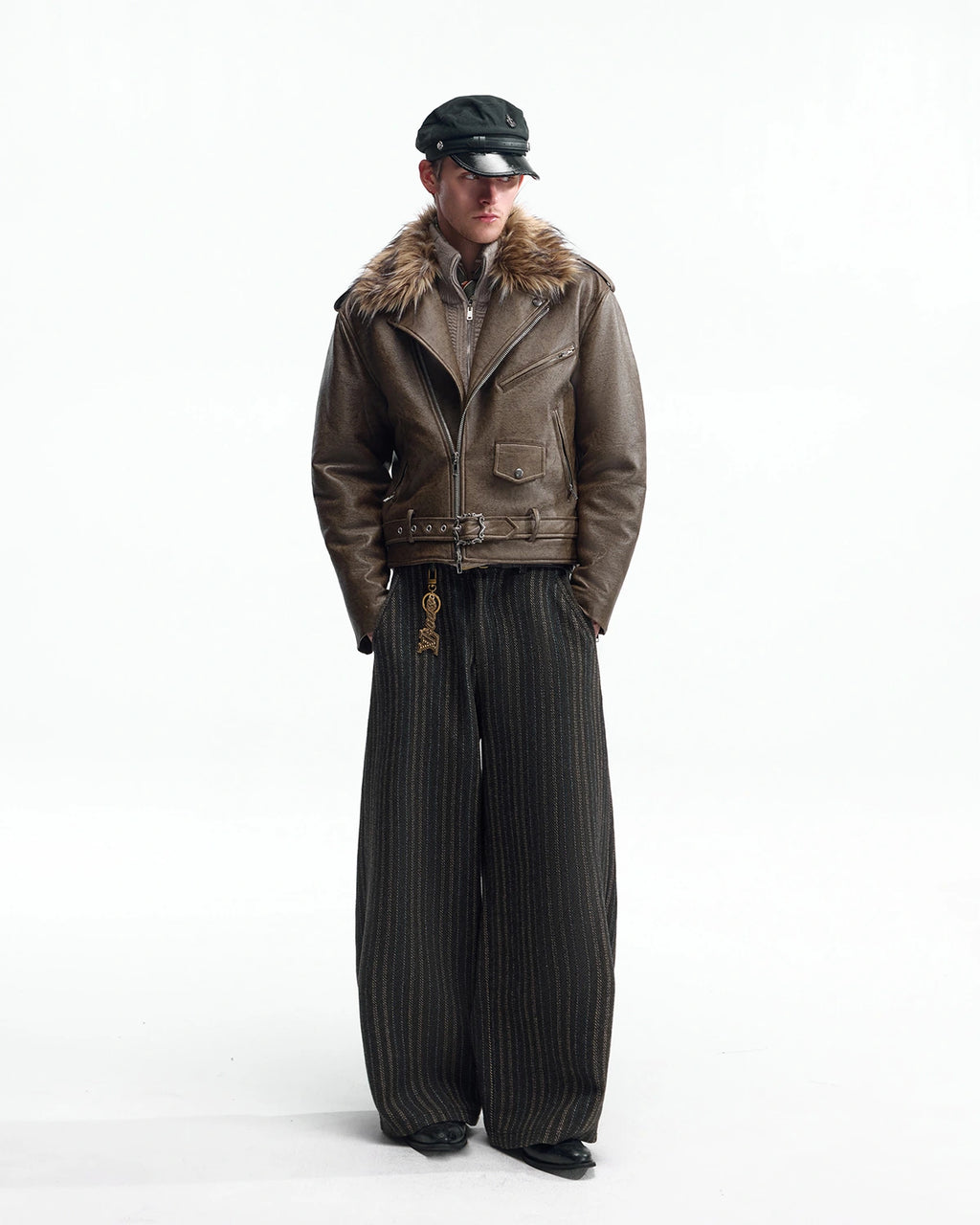 ZHABUXIAO Striped Woolen Satin Lined Curved Wide Trousers Green
