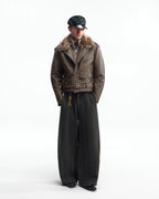 ZHABUXIAO Striped Woolen Satin Lined Curved Wide Trousers Green