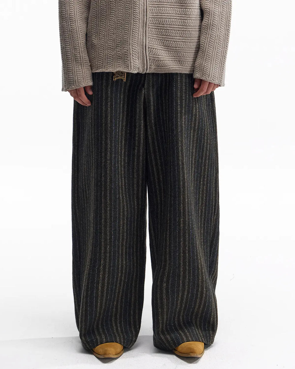 ZHABUXIAO Striped Woolen Satin Lined Curved Wide Trousers Green