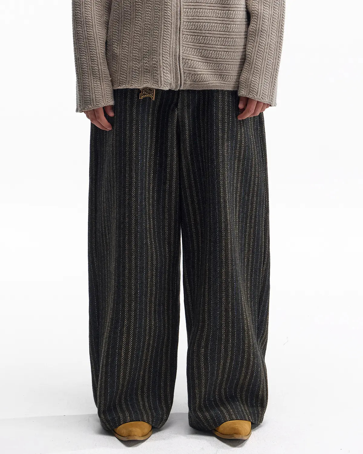 ZHABUXIAO Striped Woolen Satin Lined Curved Wide Trousers Green
