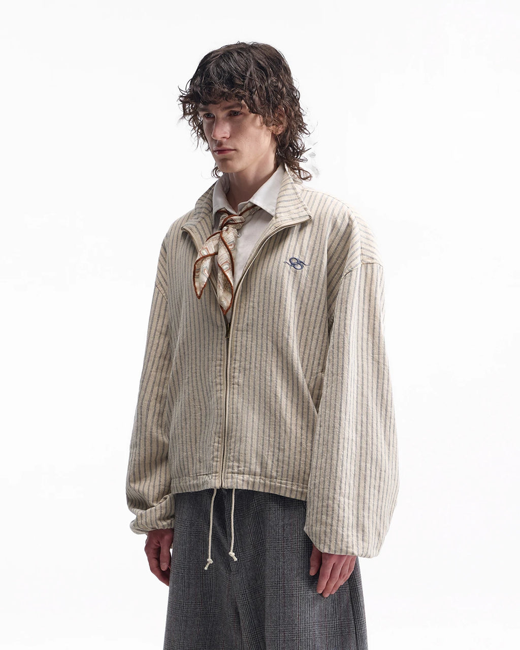 ZHABUXIAO Striped Linen Breathable Drawstring Zipper Jacket Apricot