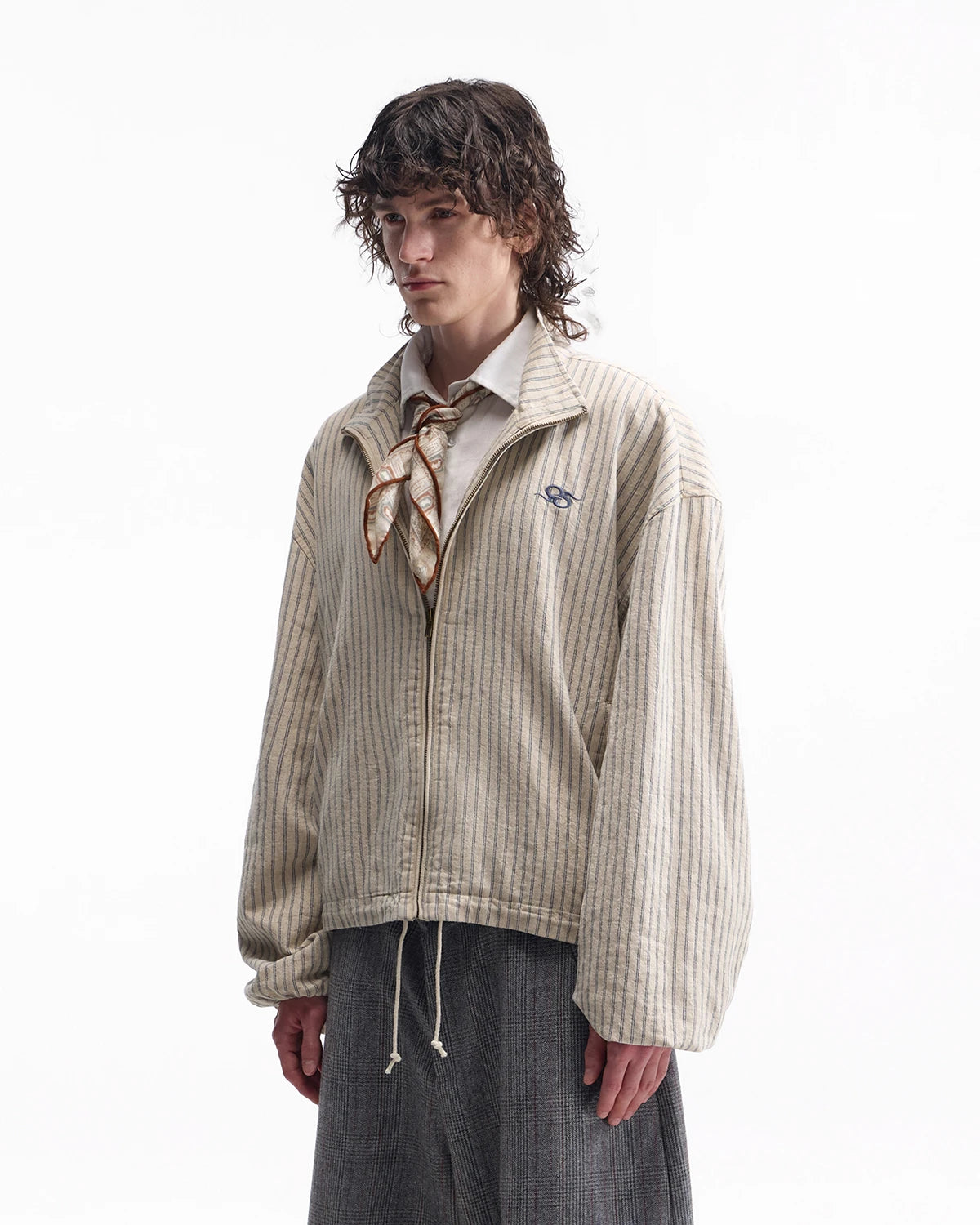 ZHABUXIAO Striped Linen Breathable Drawstring Zipper Jacket Apricot
