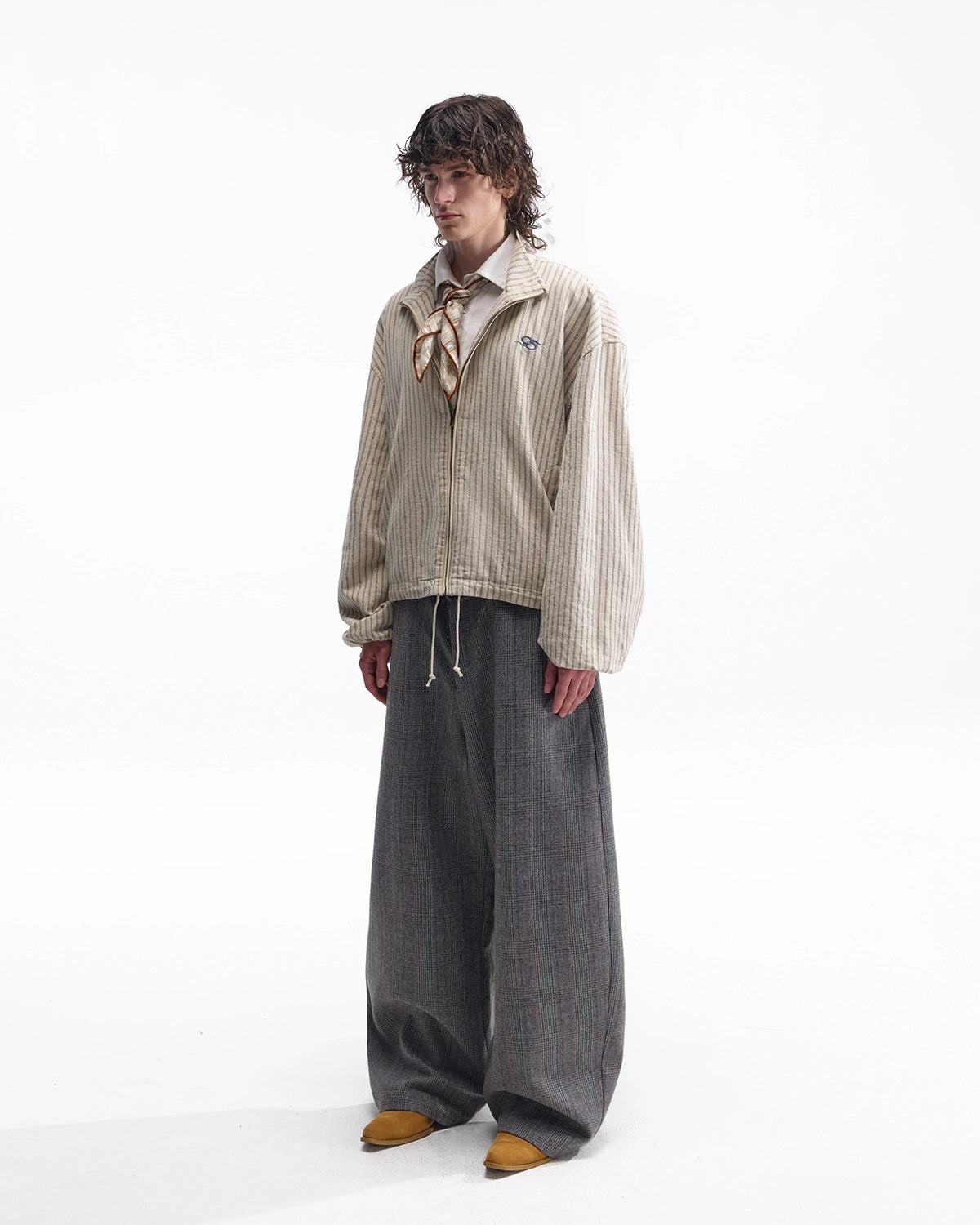 ZHABUXIAO Striped Linen Breathable Drawstring Zipper Jacket Apricot