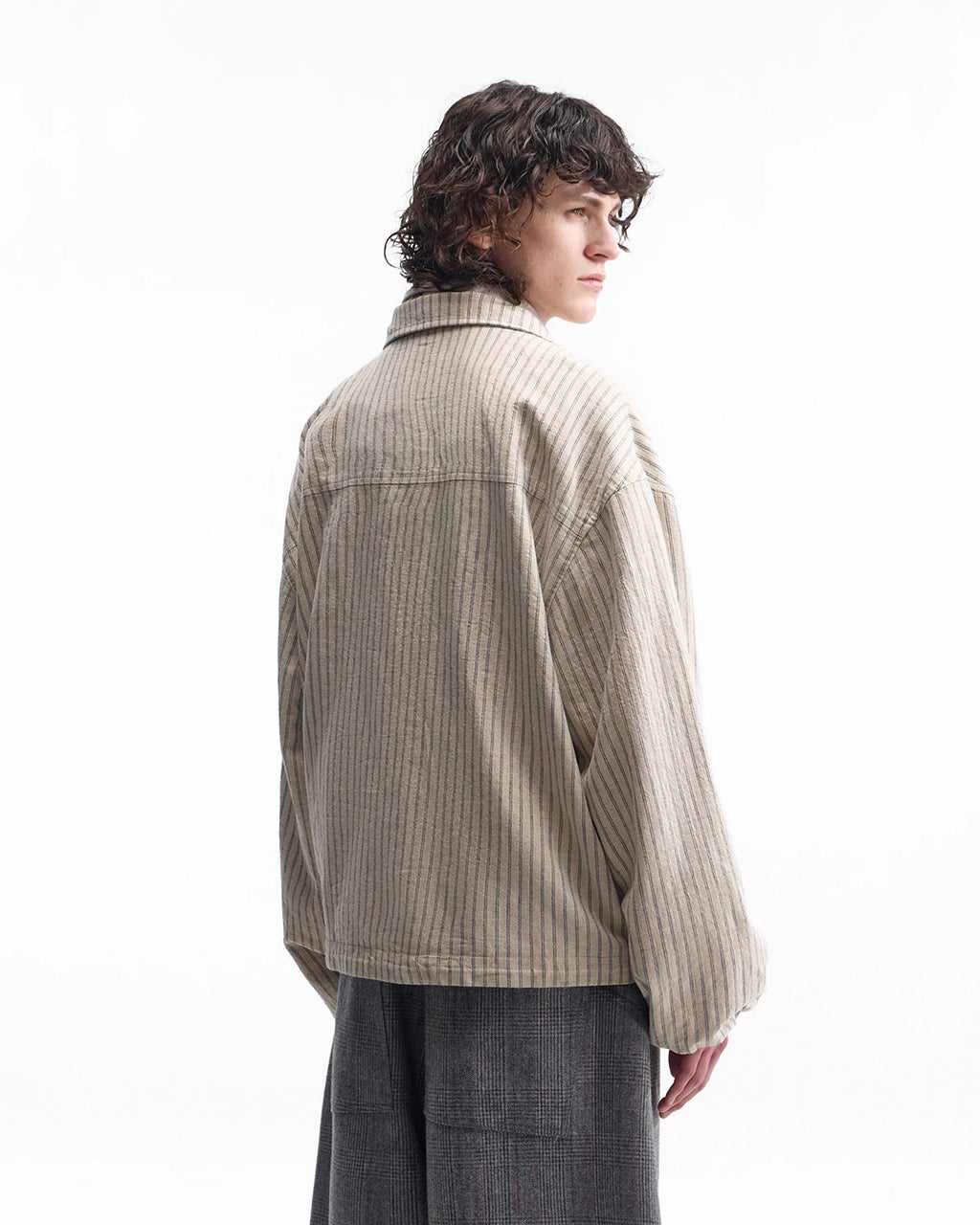 ZHABUXIAO Striped Linen Breathable Drawstring Zipper Jacket Apricot